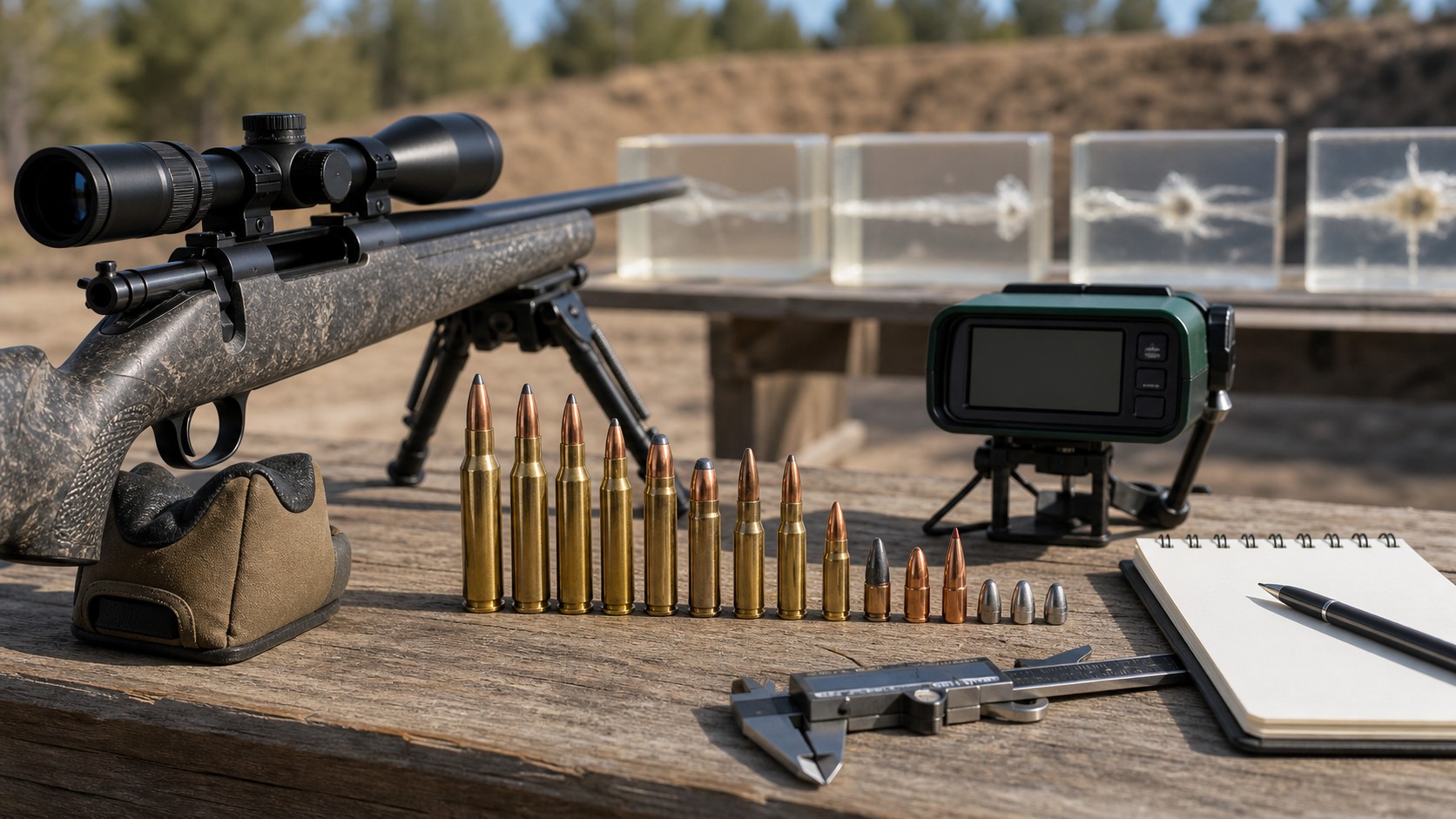 Hunting ammunition and ballistic test gear arranged on a safe outdoor range bench