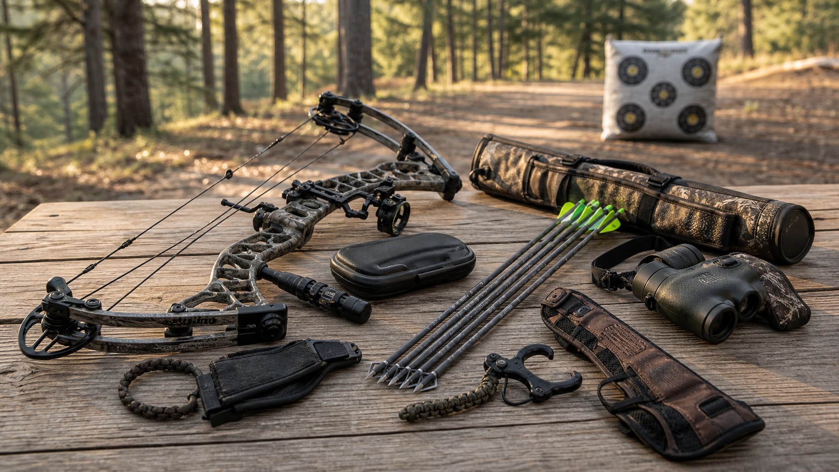 Beginner archery hunting equipment laid out on a table beside a wooded practice range
