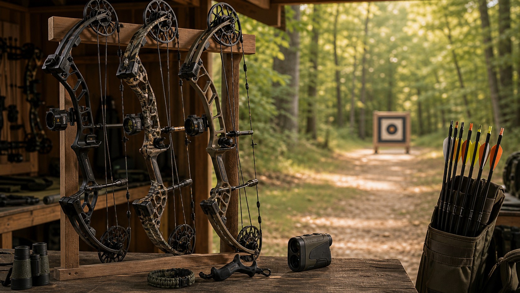 Three unbranded compound bows on a rack beside arrows and a wooded practice lane