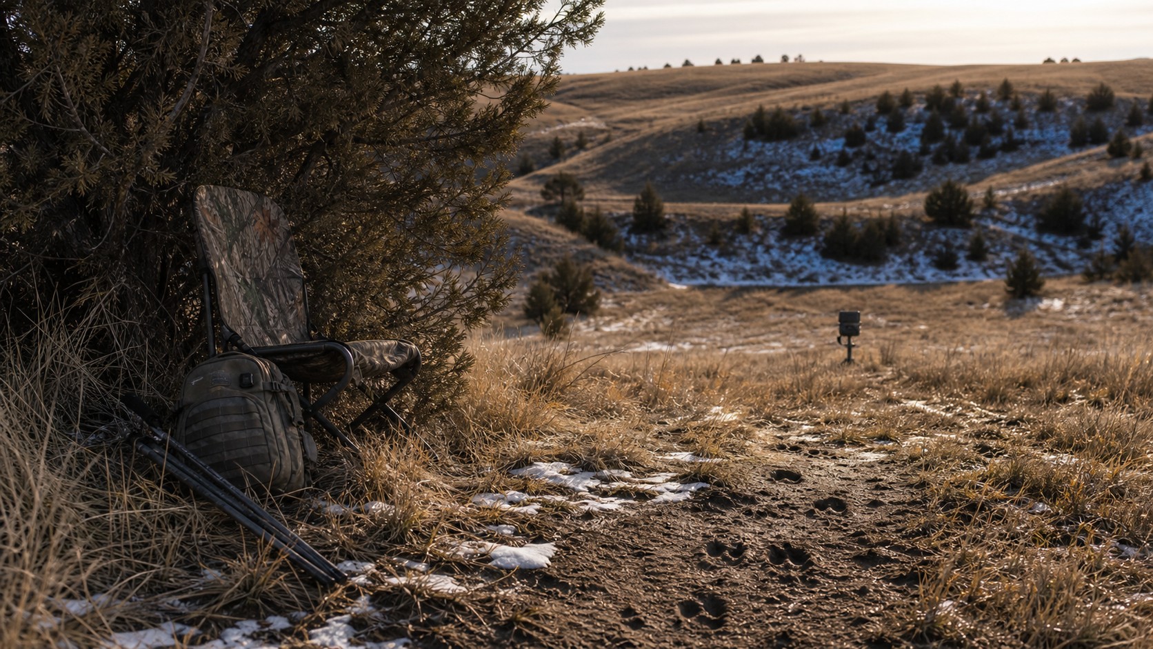 Coyote calling stand with tracks, caller, pack, and prairie draw in winter light