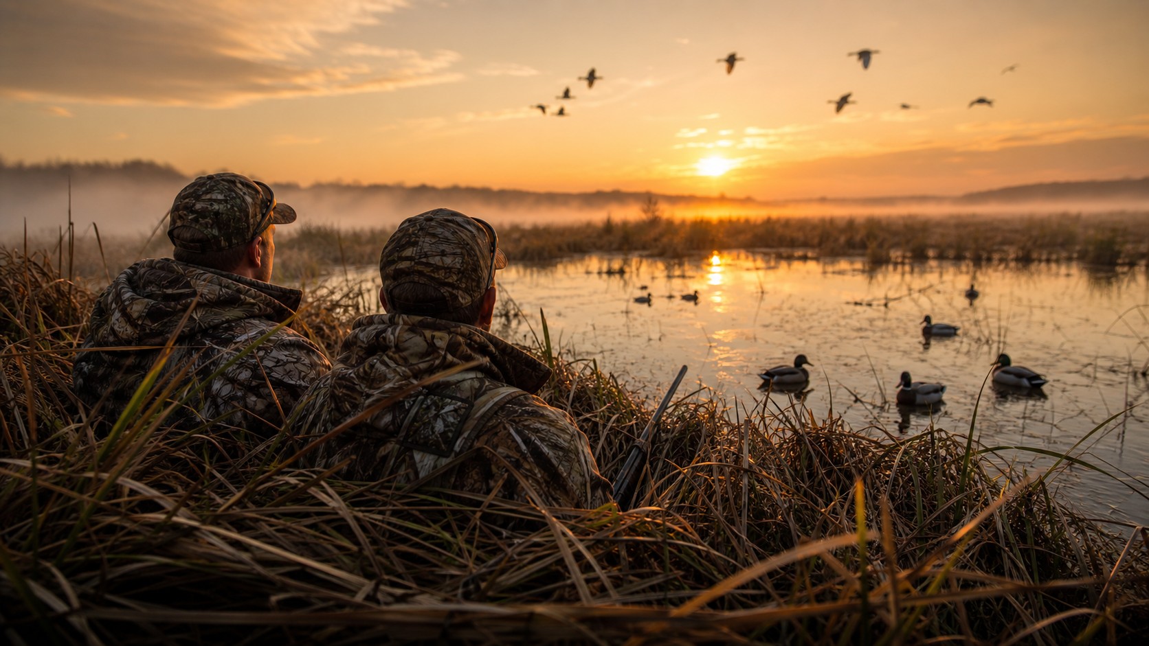 Marsh blind at sunrise with decoys and distant ducks over shallow water