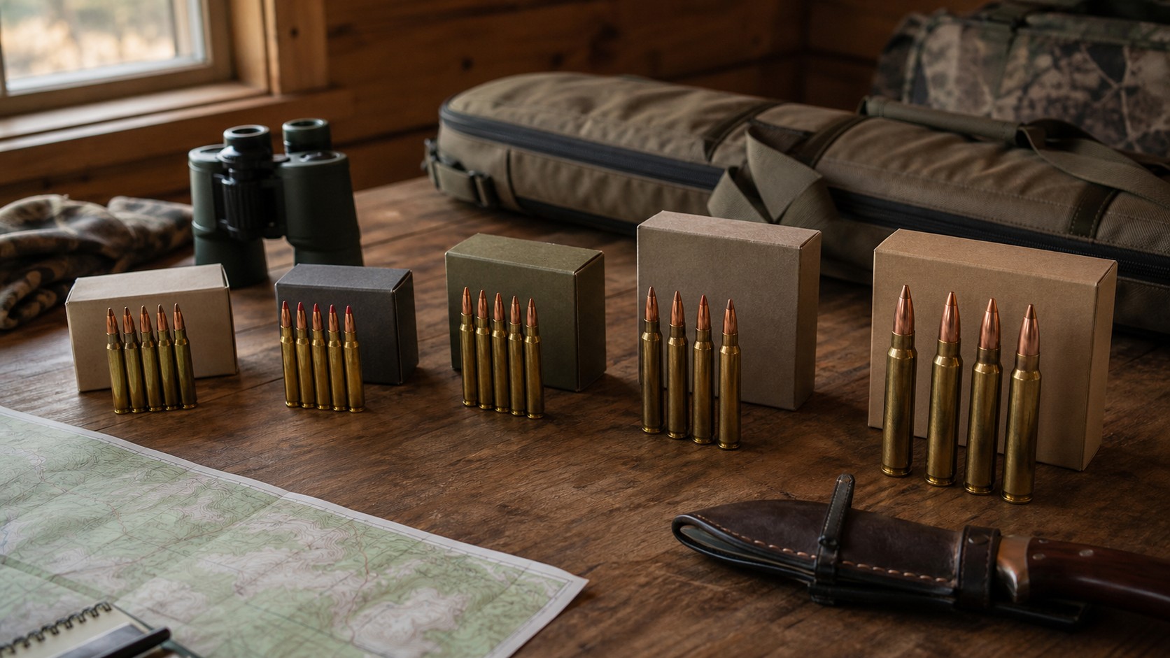 Hunting ammunition groups arranged on a cabin table with binoculars and blank boxes