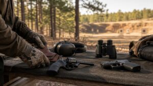 Hunting handguns secured on a safe outdoor range bench with holster and hearing protection