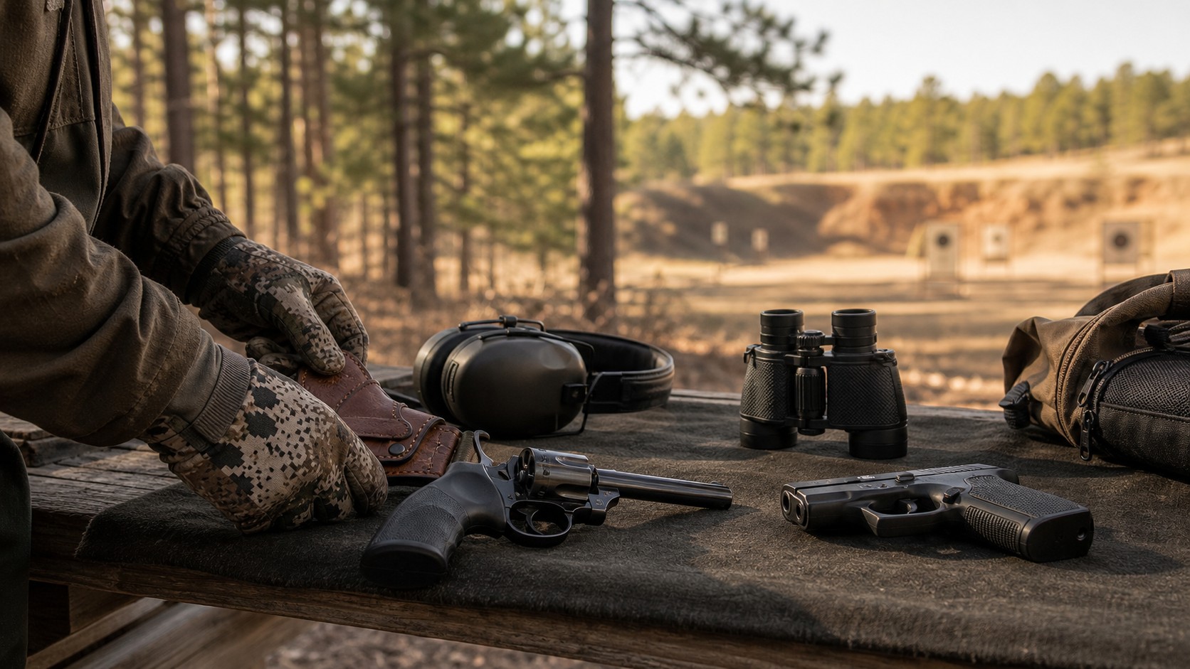 Hunting handguns secured on a safe outdoor range bench with holster and hearing protection