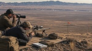 Long-range shooter and spotter practicing wind reading at a high desert range