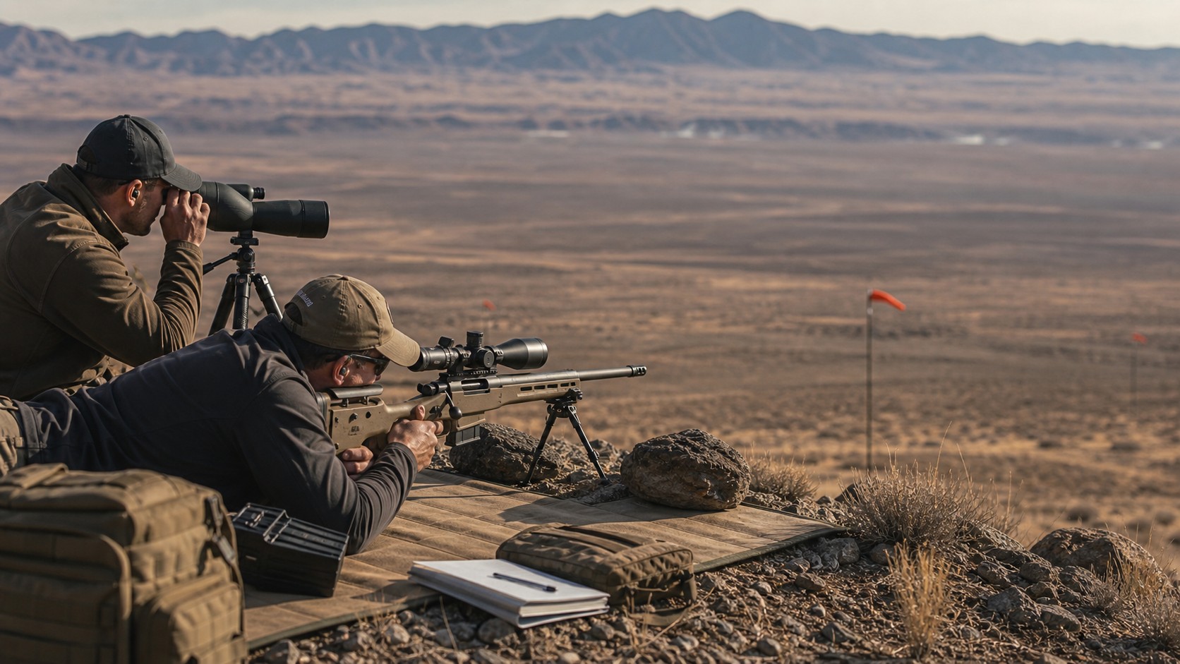 Long-range shooter and spotter practicing wind reading at a high desert range