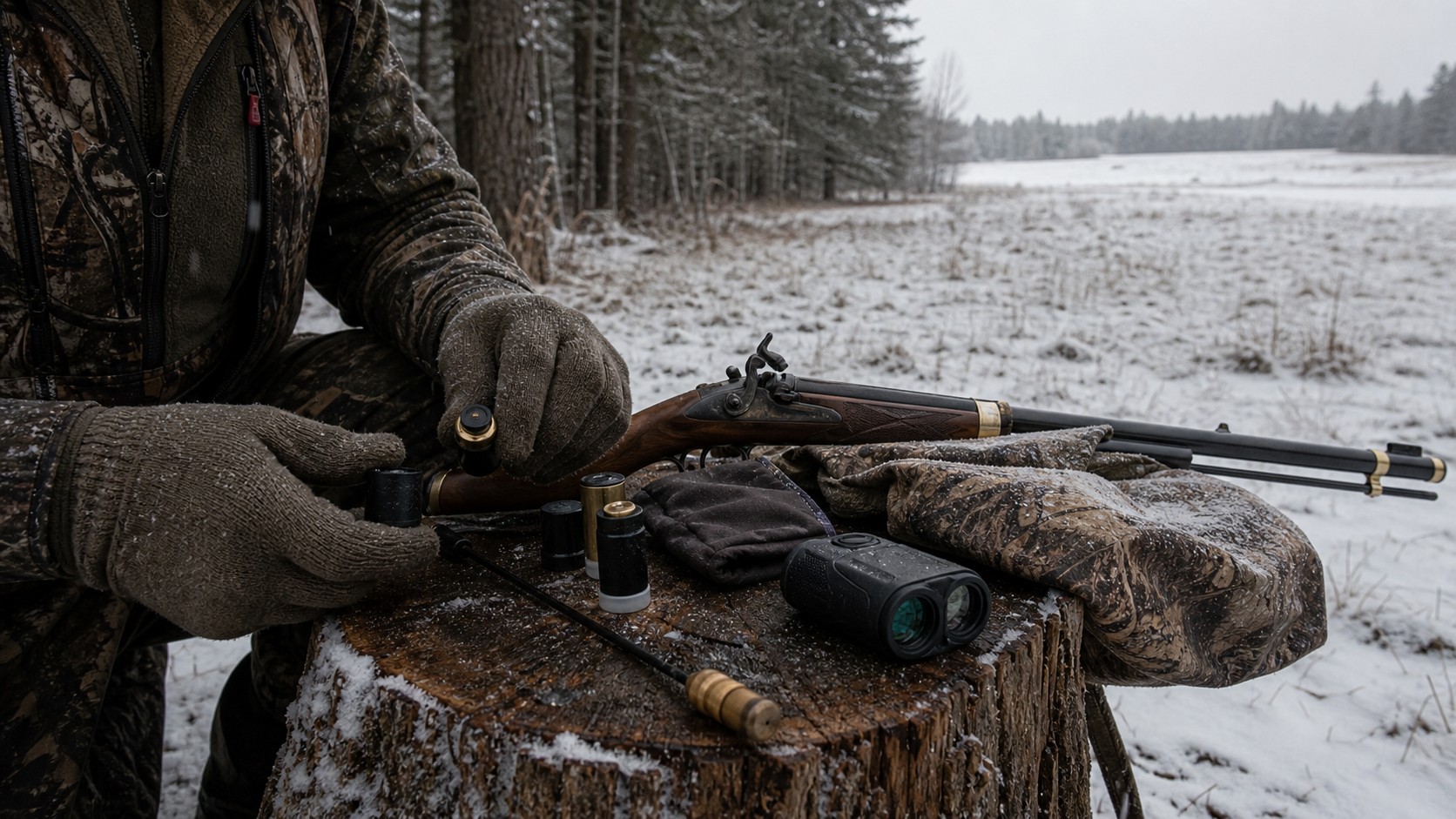 Muzzleloader hunting gear arranged on a snowy stump near dark timber
