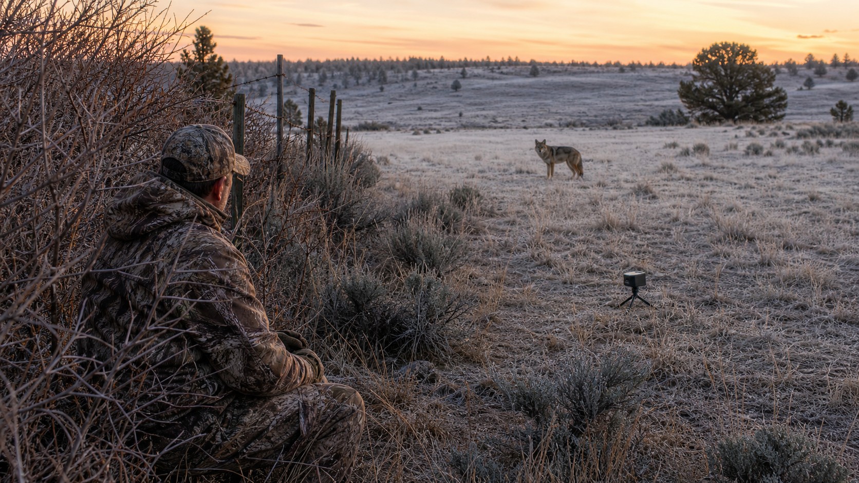 Camouflaged hunter watching a distant coyote near an electronic caller at sunrise