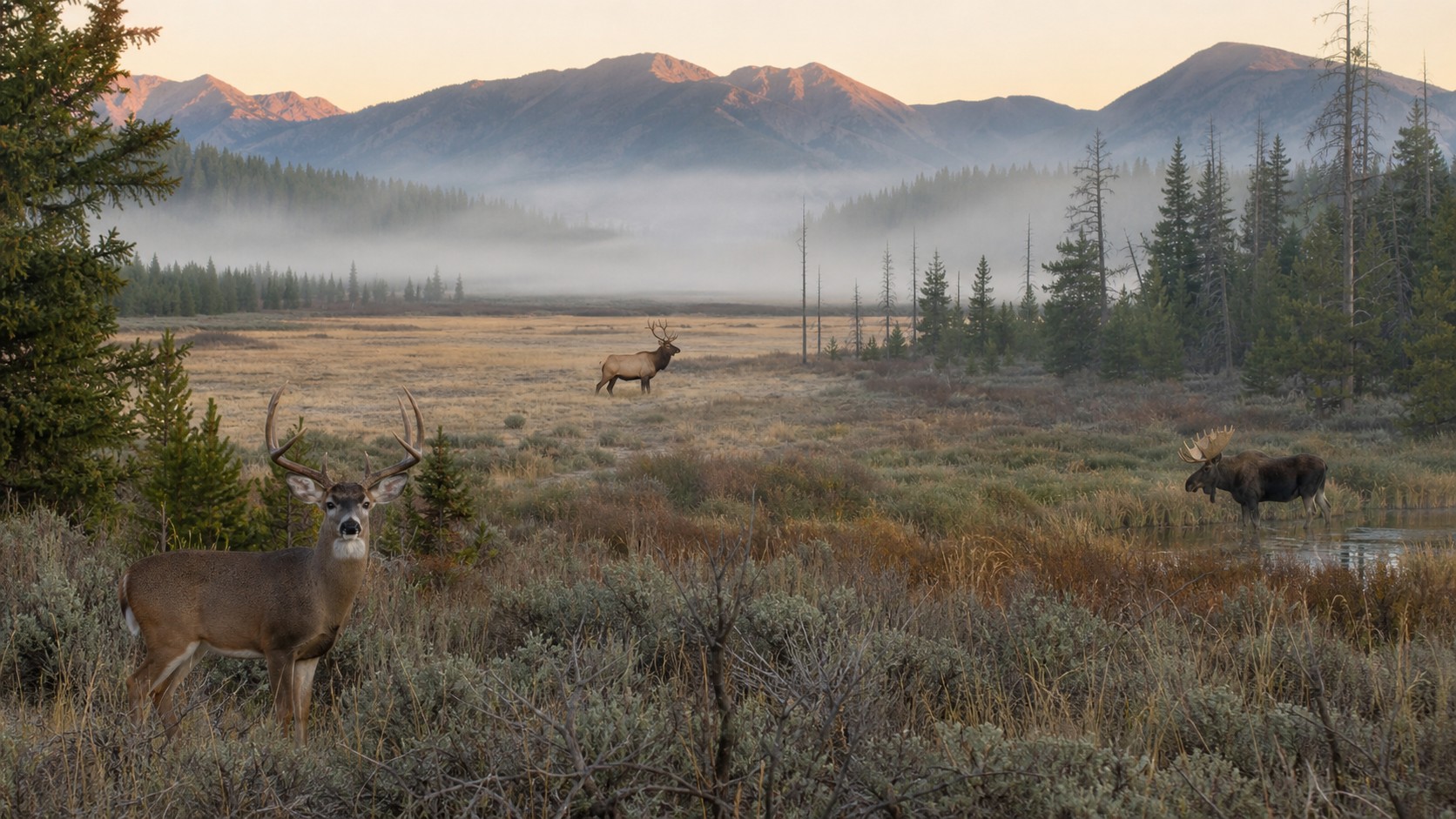 Dawn mountain meadow with deer, elk, and moose habitat zones