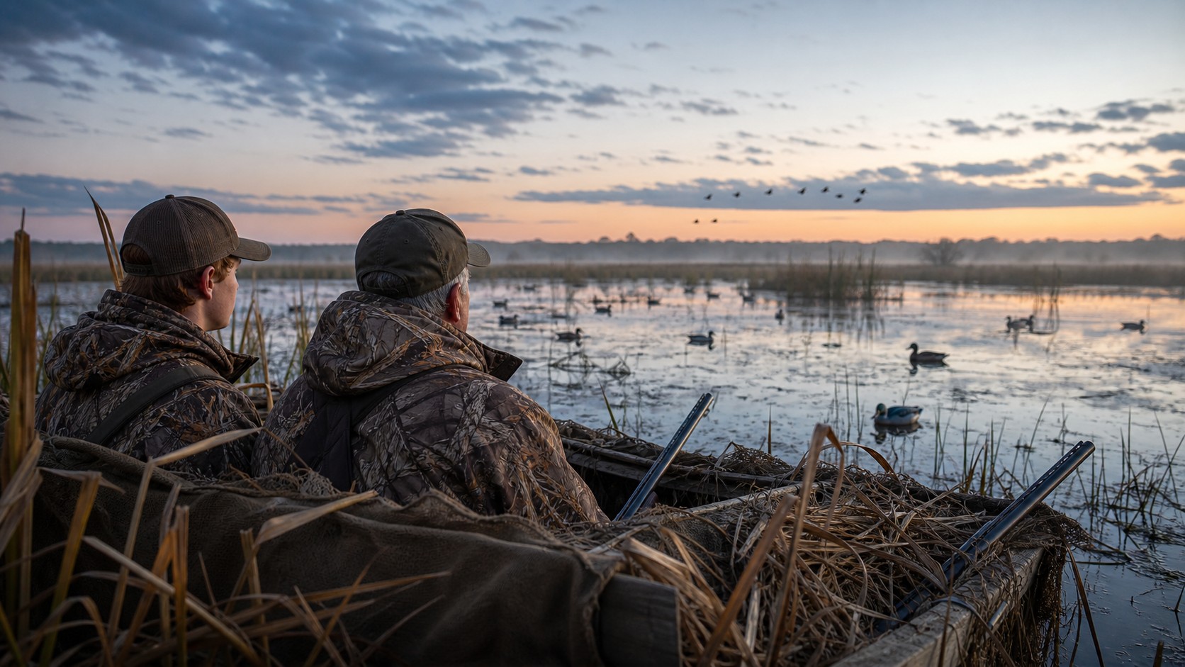 Beginner duck hunter and mentor seated in a marsh blind at dawn
