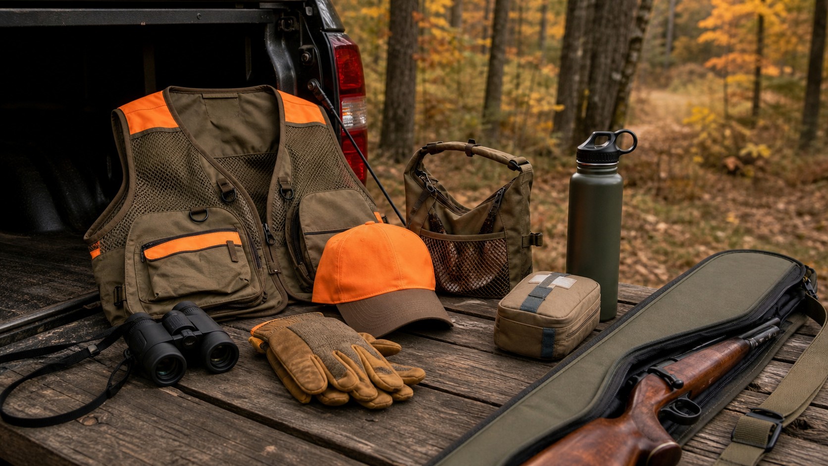 Small game hunting gear arranged on an outdoor workbench near autumn woods