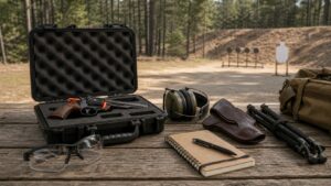 Beginner handgun hunting gear secured in an open case at a safe outdoor range