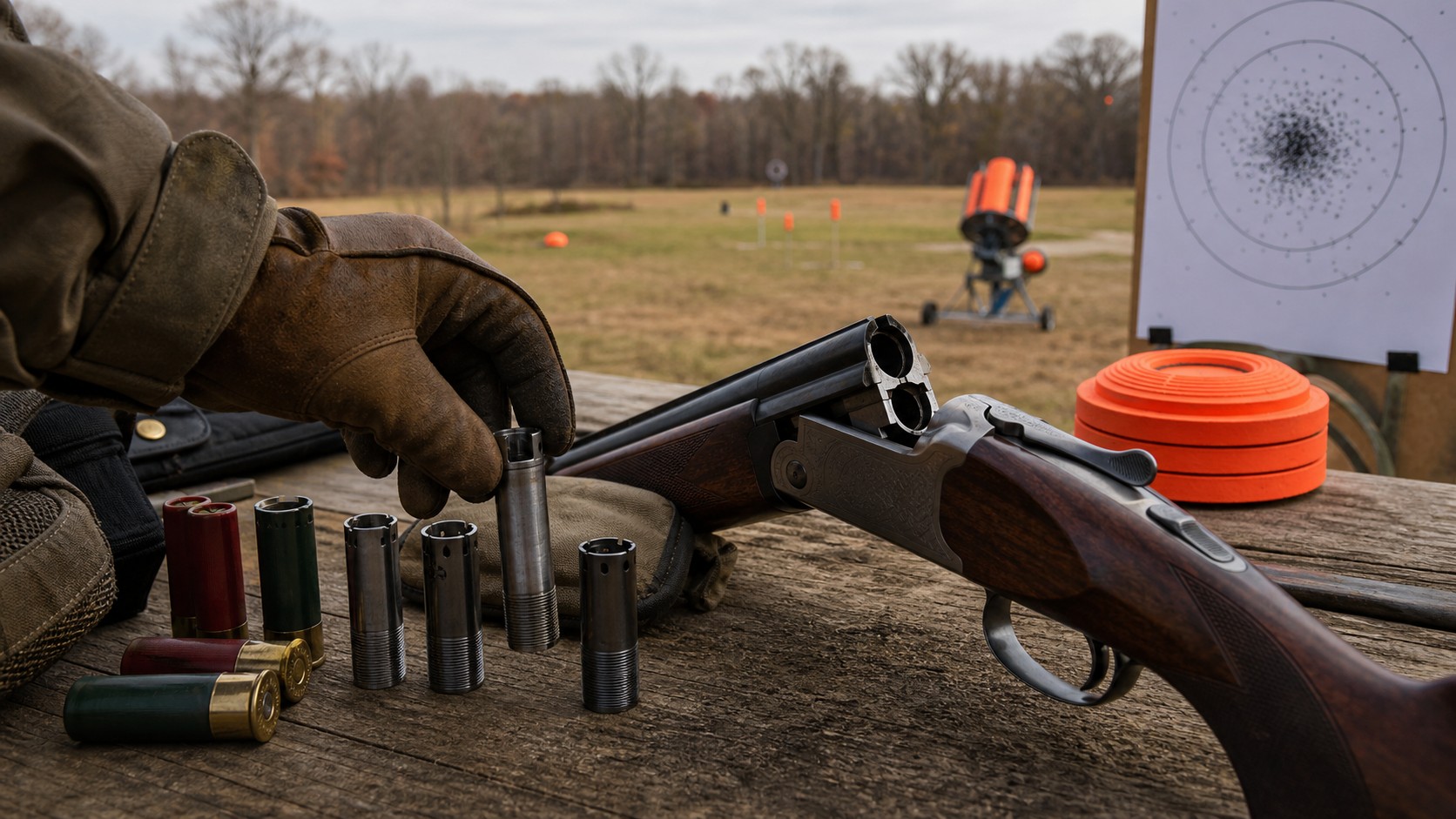 Shotgun choke tubes and shells arranged safely on an outdoor range bench