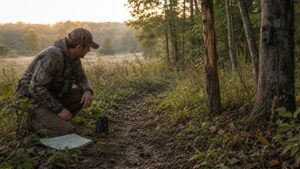 Hunter inspecting deer tracks and rubs along a dawn field edge