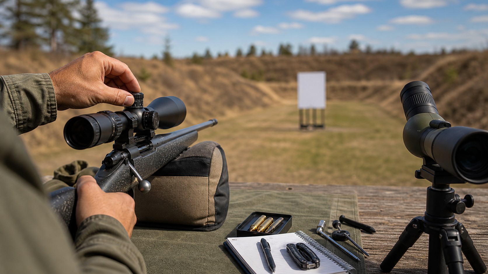 Hunter adjusting rifle scope on a safe outdoor range bench with blank target downrange