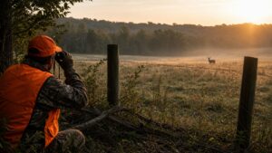Hunter choosing restraint near a meadow boundary while deer remains undisturbed