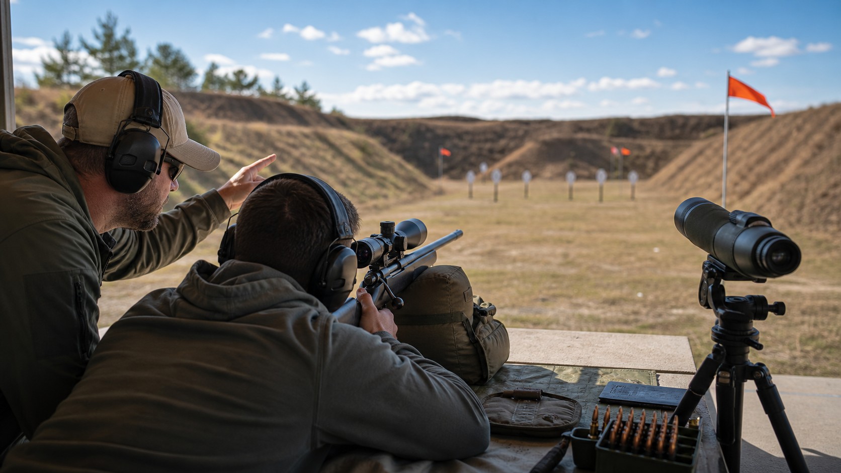 Beginner shooter and coach reviewing fundamentals at a safe outdoor range