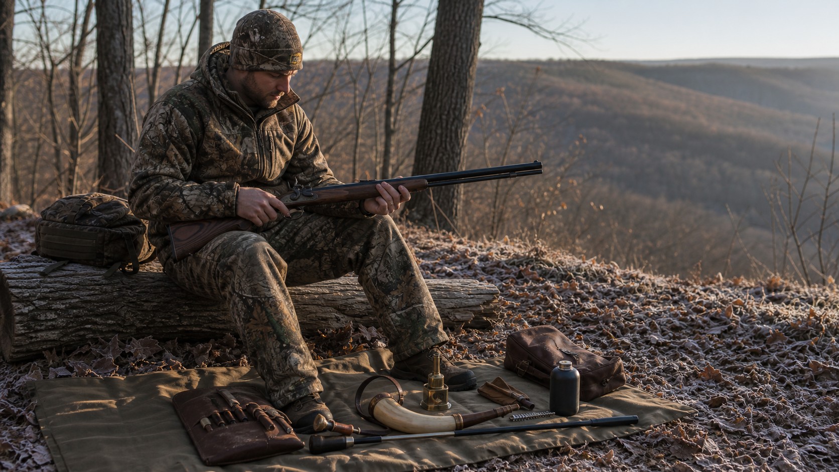Hunter reviewing muzzleloader equipment on a frosty hardwood ridge