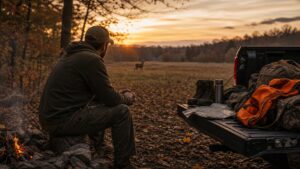 Hunter reflecting beside deer camp at dusk with gear and autumn woods nearby