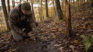 Hunter studying deer tracks and a fresh rub on an autumn hardwood ridge