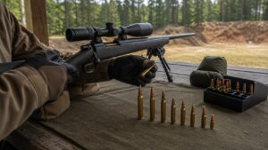 Open rifle and different cartridges arranged safely on an outdoor range bench