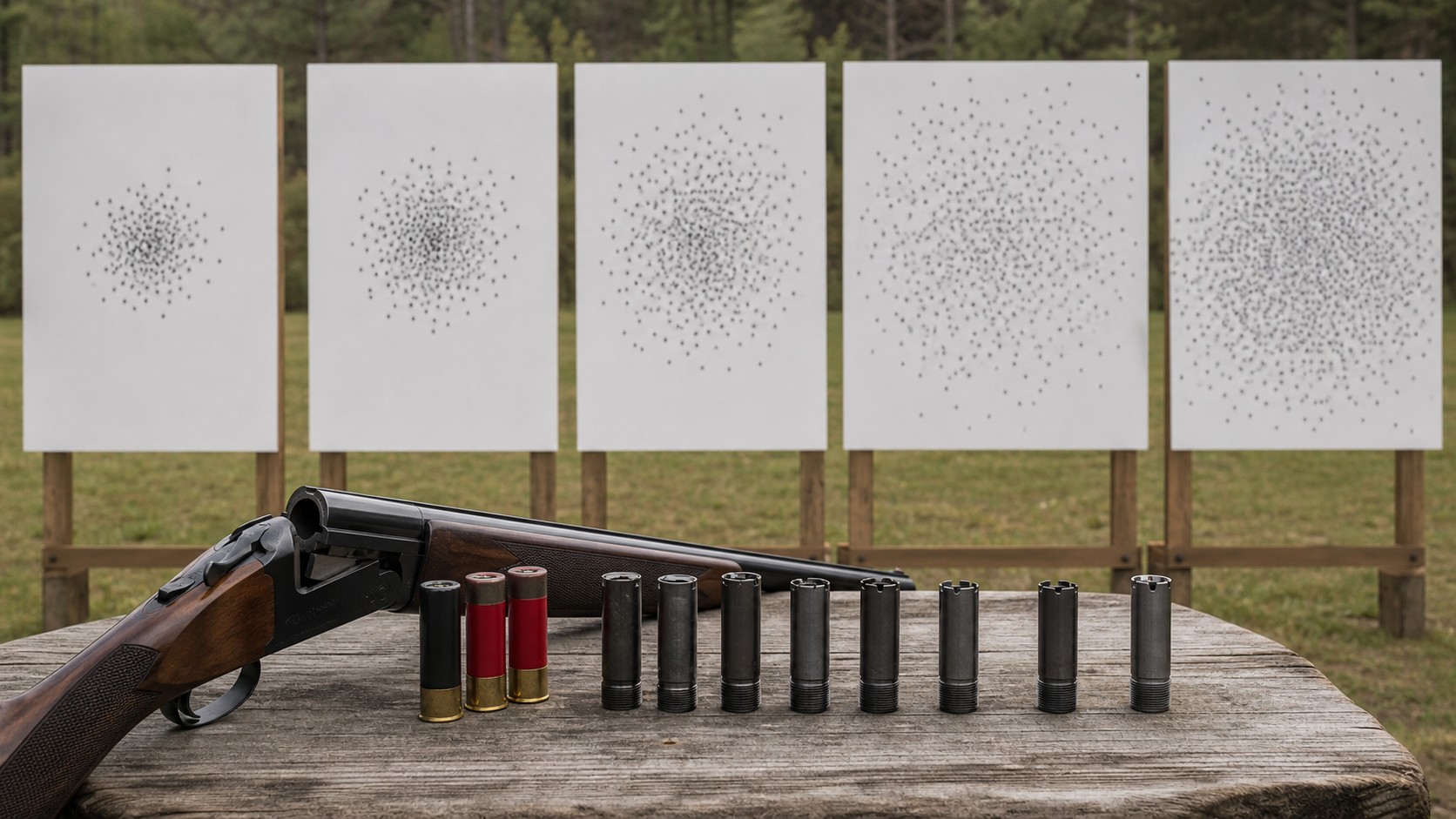 Outdoor shotgun pattern boards showing different pellet spreads with choke tubes on a bench