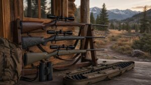 Versatile hunting rifles in safe cases on a cabin porch near mixed terrain