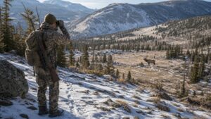 Hunter studying tracks in remote mountain country with elk far across a basin
